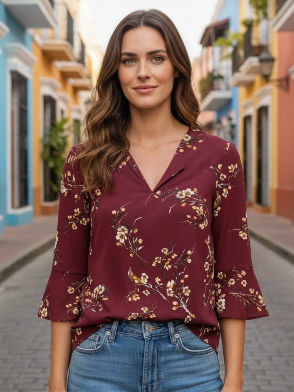 DR2 Burgundy Floral V-Neck Bell Sleeve Blouse
